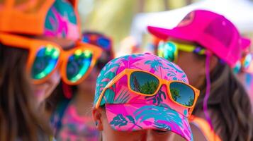 Playful and colorful branded swag being distributed to attendees including sunglasses hats and tshirts photo