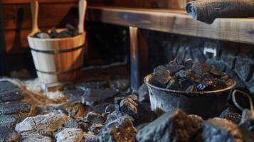 un Disparo de un cubierto de toalla sauna estufa desbordante con caliente rocas y un Cubeta de agua siguiente a él. foto