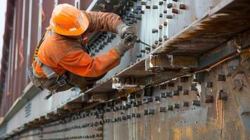 A closeup shot of a worker handdrilling holes into the side of the bridge securing additional support beams photo