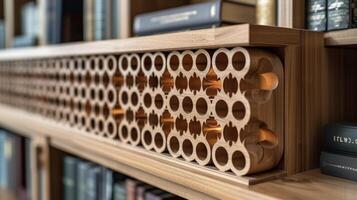 un detallado Mira a el intrincado carpintería y geométrico patrones en un personalizado de madera estantería unidad en un hogar biblioteca destacando sus belleza y funcionalidad foto
