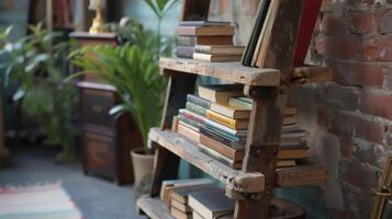 An old ladder has been transformed into a unique and functional bookshelf with each step serving as a shelf for books and decor photo