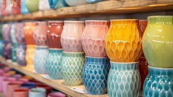 A shelf filled with a colorful array of completed ceramic lamp bases ready to be used as decor. photo