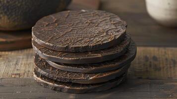 A set of ceramic coasters with a textured surface mimicking the roughness of a trees bark adding a rustic and tactile element to any table setting. photo