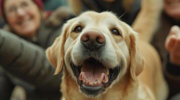 A group of older adults stretching and strengthening their muscles in a community center a friendly labrador eagerly joining in the fun and providing a sense of camaraderie photo