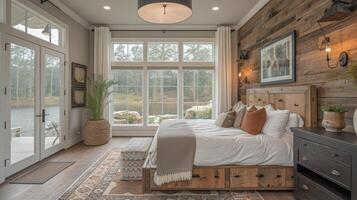 This bedroom features a beautifully crafted headboard made from reclaimed barn wood adding an ecofriendly touch to the rooms design photo