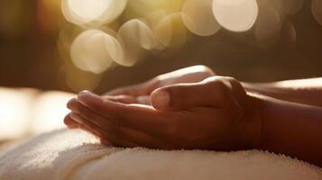 A shot of a persons hand being gently massaged and stretched promoting deep relaxation and release of tension. photo