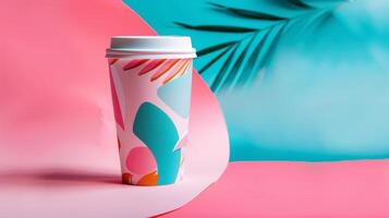 Blank mockup of a trendy and fun travel mug with a bold print and a pop of color. photo