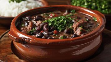 Vibrant reds and greens burst from a bowl of Brazilian Feijoada a hearty and flavorful stew of tender pork and black beans. Paired with a side of fluffy white rice this dis photo