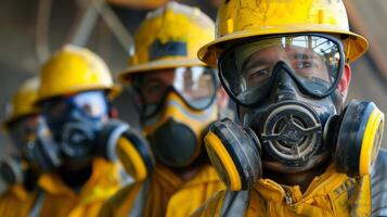 A panoramic view of workers in full safety gear each wearing a uniquely patterned mask to protect against dust and debris photo