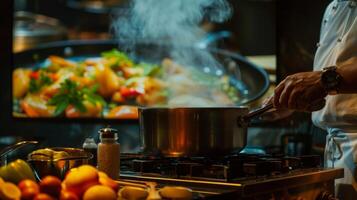 A large screen displays a closeup of the chefs hands expertly seasoning a pot of tropical stew photo