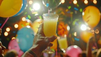 un persona haciendo un brindis con un vaso de sol jugo a un nuevo años víspera fiesta rodeado por globos y fiesta sombreros foto