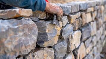 A worker installing decorative stones along the top of the wall to add a finishing touch to the structure photo