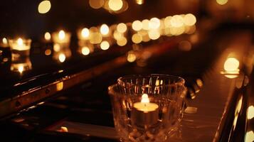 Glimmers of candlelight reflect off of glasses and instruments adding to the magical ambiance. 2d flat cartoon photo