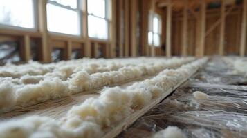 A snapshot of the insulation installation process showcasing a worker gently pressing sheeps wool insulation into place for maximum coverage and sustainability photo