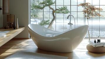 The closeup shot of a Japanese soaking tub showcases its smooth and curved design perfect for a deep and rejuvenating soak photo