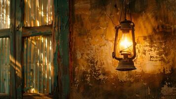 un antiguo petróleo lámpara cuelga por el ventana fundición un dorado resplandor en el lienzos apoyado arriba en contra el pared. 2d plano dibujos animados foto