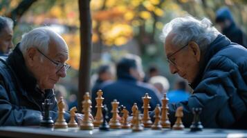 el parque es transformado dentro un campo de batalla de ingenio y estrategia como personas mayores Vamos cabeza a cabeza en un ajedrez torneo exhibiendo su agudo mentes y inquebrantable determinación foto