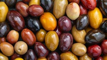 A closeup shot of different types of olives used for making olive oil each with its own unique color and shape photo