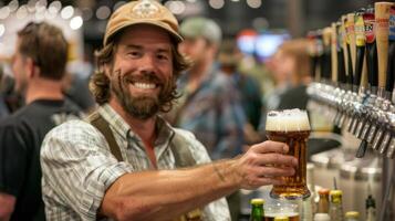 un hogar cervecero con orgullo exhibiendo su último premiado cerveza a un saboreo evento rodeado por otro gama alta cerveceros foto