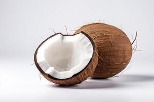 Fresh coconut pieces artistically arranged on a pristine white background photo