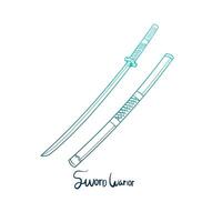 A blue and white drawing of a sword and a sword warrior vector