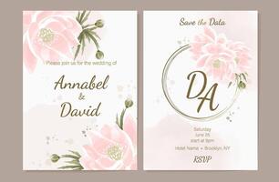 Versatile templates for holiday and anniversary invitation cards. Delicate watercolor wedding invitations with pink lotuses. Round frame- wreath of twigs and lotuses. . vector