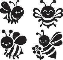 bee silhouette set collection isolated black on white background illustration vector