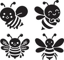 bee silhouette set collection isolated black on white background illustration vector