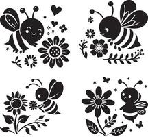 bee silhouette set collection isolated black on white background illustration vector