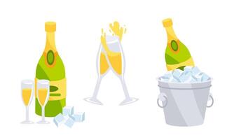 Champagne wine and glasses ice bucket collection. Champagne bottle. Alcoholic drink for celebration new year. vector