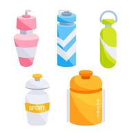 Set sports water bottles on white background. Athlete accessory, fitness. vector