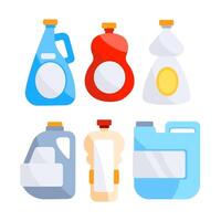 Detergent bottles set. Chemical liquid soap and bleach for cleaning. Household tool items vector