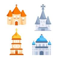 Iglesia íconos colocar. religión arquitectura edificios con vaso ventanas vector
