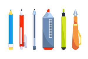plumas y Lápices escritura bolígrafo, lápiz y marcadores oficina papelería. vector