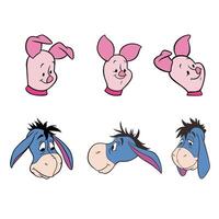 Disney animated character set piglet and eeyore face cartoon vector