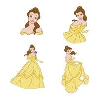 Disney princess animated character set belle beautiful cartoon vector