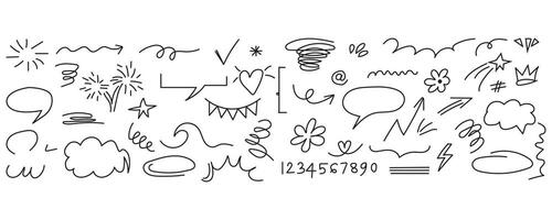 Hand drawn doodle design elements Sketch underline, emphasis, arrow shape set. brush stroke, highlight, speech bubble, underline, sparkle element. vector