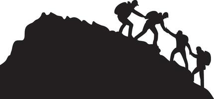 Silhouette of four people hiking climbing mountain and helping each other on top of mountain, helping hand and assistance concept. vector