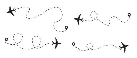 Airplane Plane routes line set Planes dotted flight pathway. Plane paths. Aircraft tracking, planes, travel, map pins, location pins start point line trace and plane routes vector