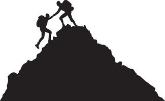 Silhouette of two people hiking climbing mountain and helping each other on top of mountain, helping hand and assistance concept. vector