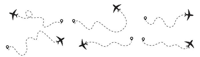 Airplane Plane routes line set Planes dotted flight pathway. Plane paths. Aircraft tracking, planes, travel, map pins, location pins .start point line trace and plane routes vector