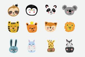 Cute safari animal faces illustration. The set includes a lion zebra hippo tiger koala rabbit giraffe vector