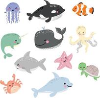 conjunto con mano dibujado mar vida elementos. mar animales garabatear dibujos animados conjunto de marina vida objetos para tu diseño. vector