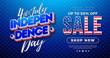 Fourth of July Independence Day Sale Banner Design with American Flag in 3d Text Label and Typography Lettering on Blue Background. 4th of July USA National Holiday Illustration with Special vector