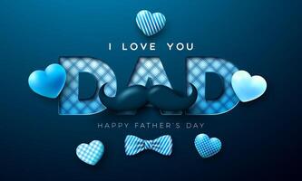 Happy Father's Day Greeting Card Design with Lovely Heart and Mustache on Dark Blue Background. Celebration Illustration with I Love You Dad Checkered Lettering. Template for Postcard, Banner vector