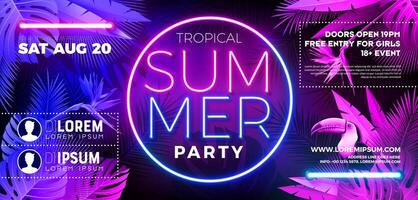 Summer Party Banner Design Template with Glowing Neon Light on Fluorescent Tropic Leaves Background. Summer Celebration Holiday Illustration for Banner, Flyer, Invitation or Celebration Poster. vector