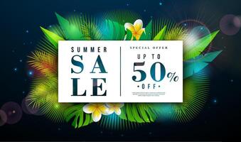 Summer Sale Design with Flower and Exotic Leaves on Dark Blue Background. Tropical Floral Beach Holiday Illustration with Special Offer Typography for Coupon, Voucher, Banner, Flyer vector