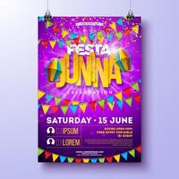 Festa Junina Party Flyer Design with Colorful Flags, Paper Lantern and Typography Design on Violet Background. Brazil June Festival Illustration for Celebration Poster or Holiday Invitation vector