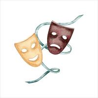 Theatrical actors comedy and tragedy masks composition. Hand drawn watercolor illustration isolated on white background. Vintage musical program logo, ticket design for classical music flyers, posters vector