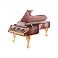 Classical Grand Piano musical instrument. Antique vintage keyboard hand drawn element for tutorial books, concert posters, sheet music or flyers. Watercolor illustration isolated on white background. vector
